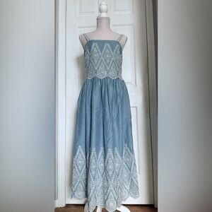 Elie Tahari Blue White Eyelet Embroidered Linen Midi Dress Size 4 Designer New